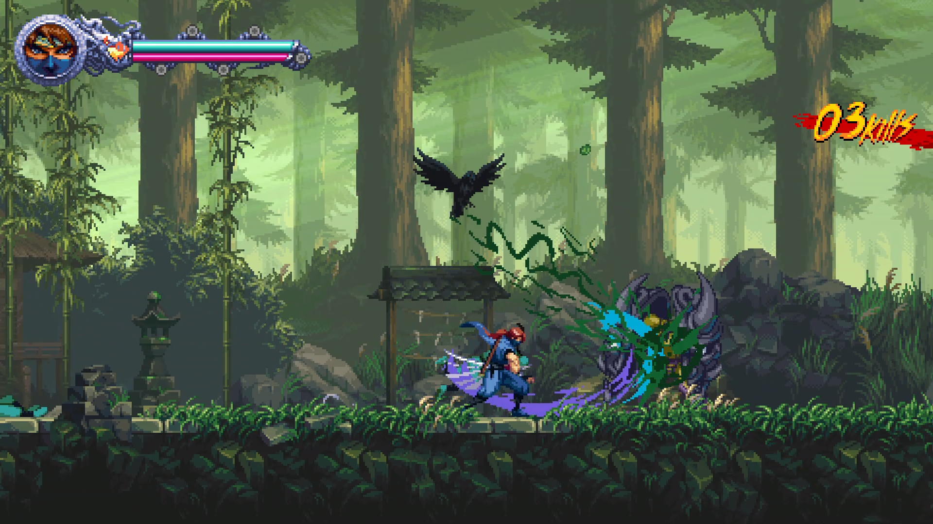 Kenji fighting demons in a forest in Ninja Gaiden: Ragebound.