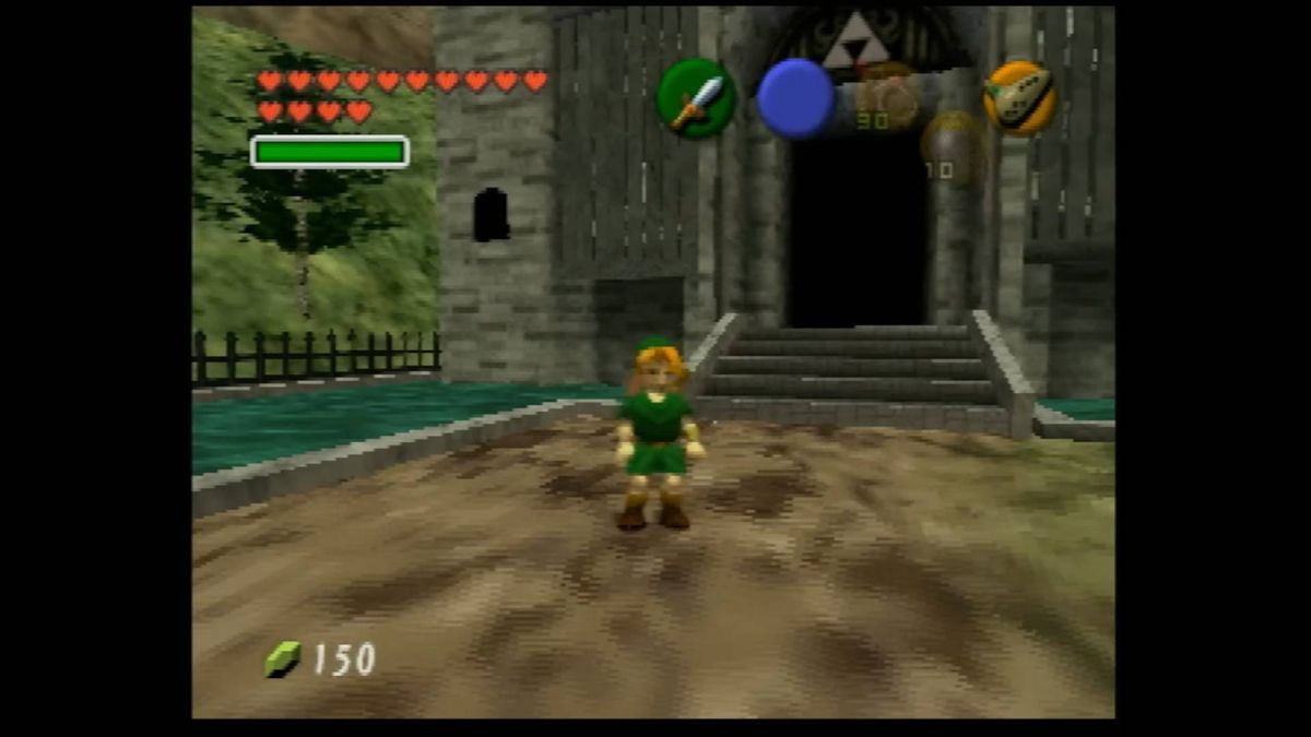 OoT UnJPEG screenshot with N64 version of Link standing outside 3D Temple of Time.