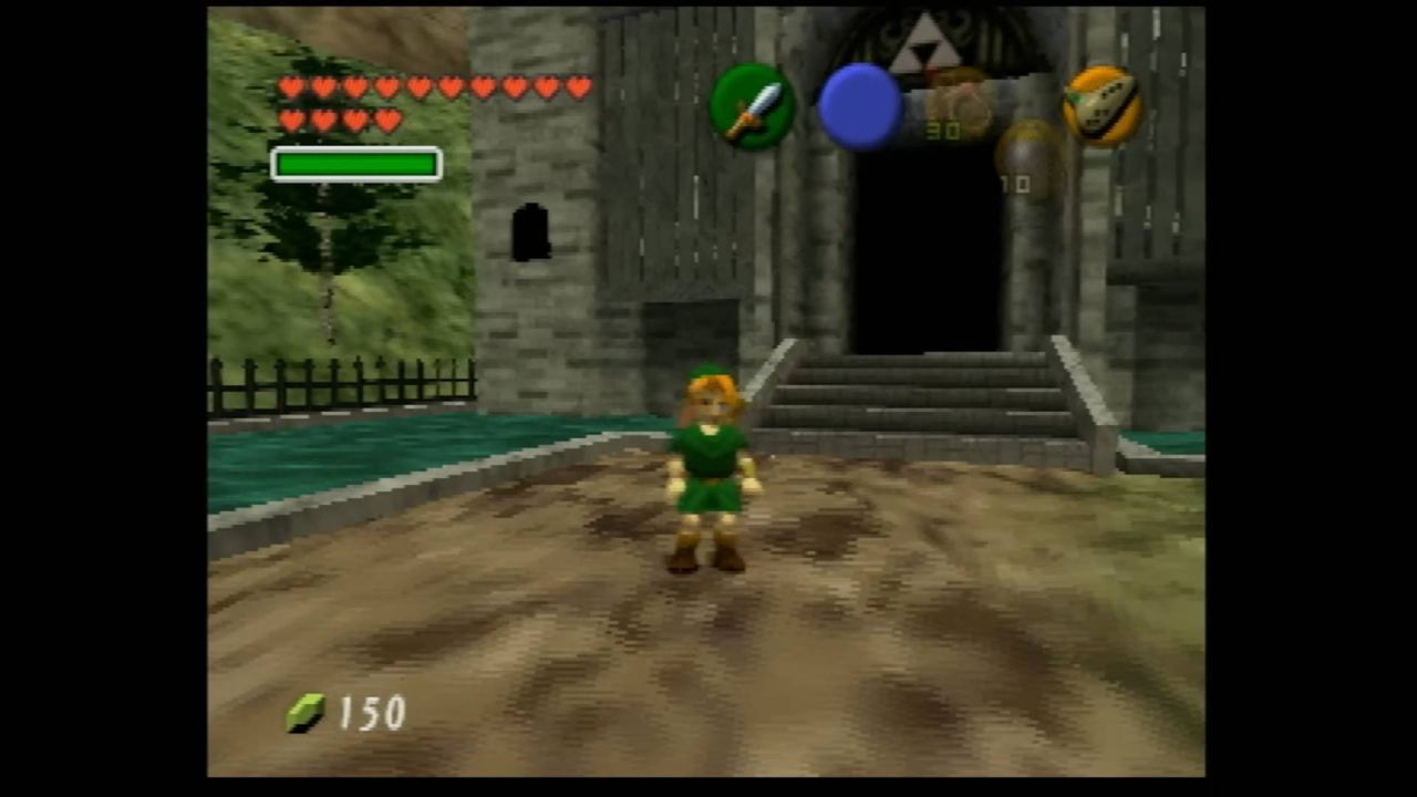 OoT UnJPEG screenshot with N64 version of Link standing outside 3D Temple of Time.