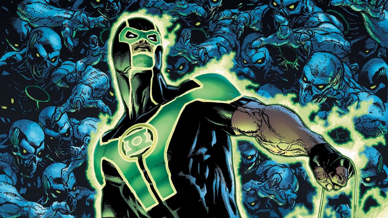 Green Lantern Simon Baz glowing with emerald energy while surrounded by mindless Third Army creatures