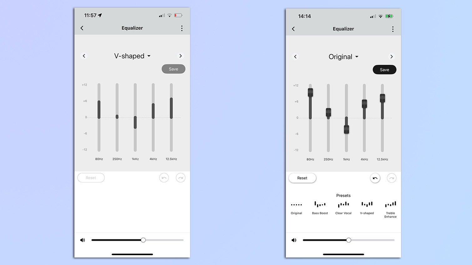 Screenshots from the Audio-Technica app of EQ settings