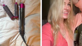 An image of the Dyson Airwrap on a pink bedspread next to an image of beauty editor Fiona McKim having tested the wand on her long blonde hair