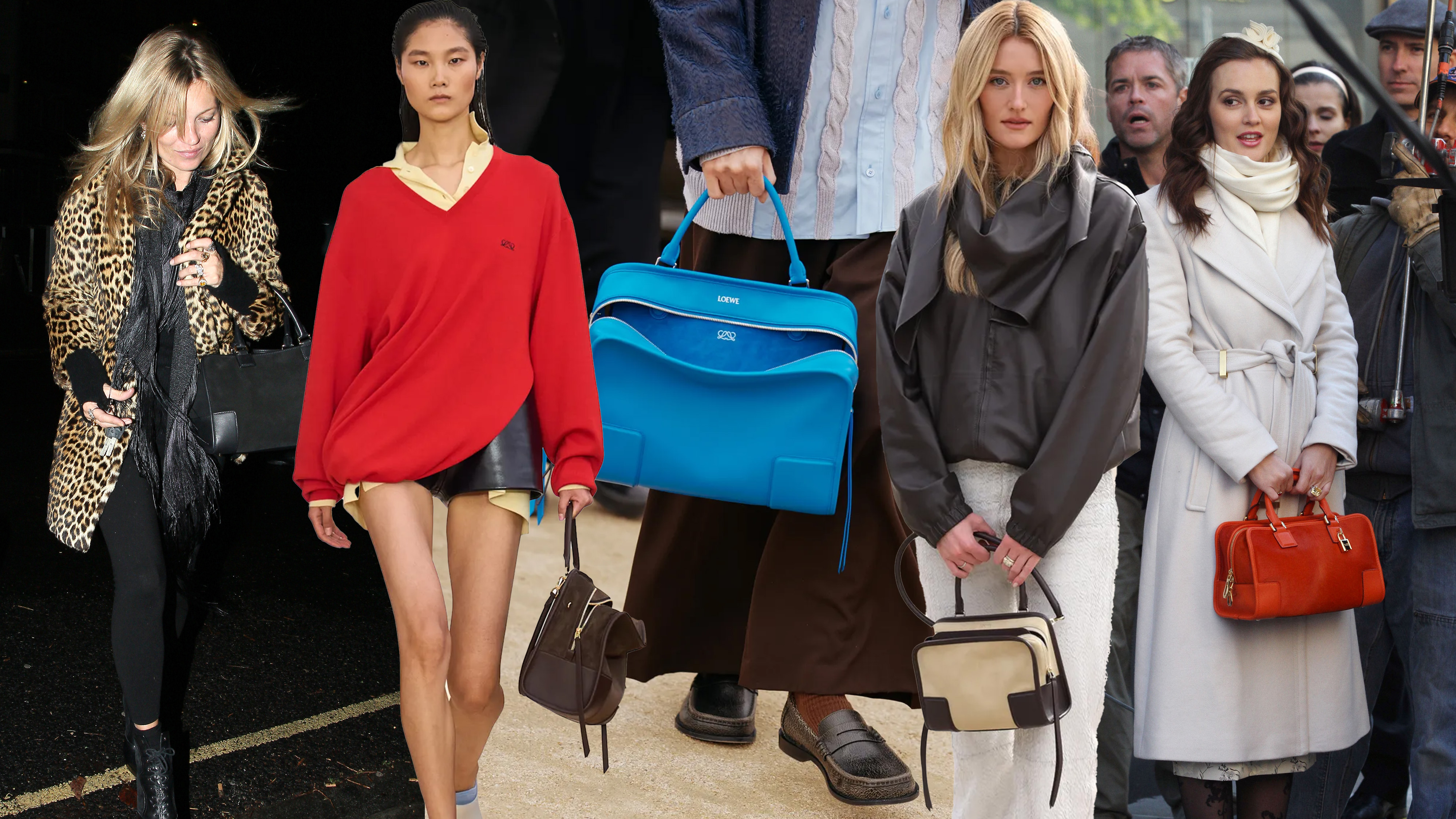 A collage of celebrities and models wearing Loewe's Amazona bag, which the brand just re-issued.