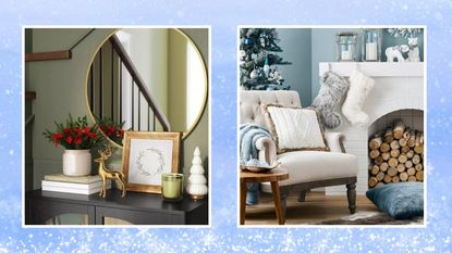 target christmas decor including two pics, one of a coastal christmas setup and one of a classic mantle with a gold reindeer all on a blue snowy background