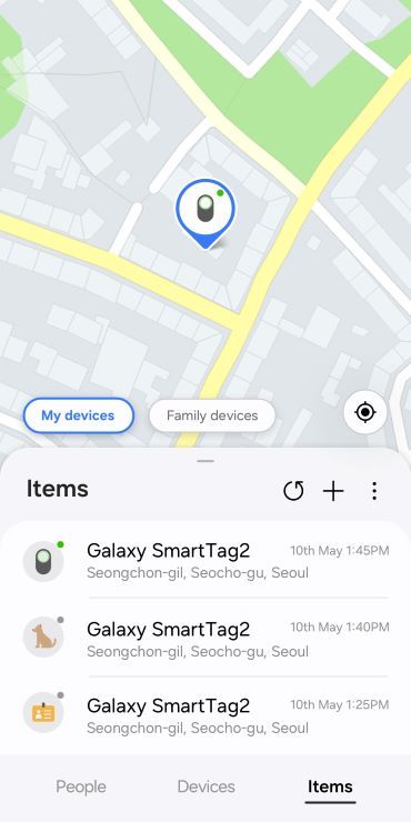 Samsung Find app items tab