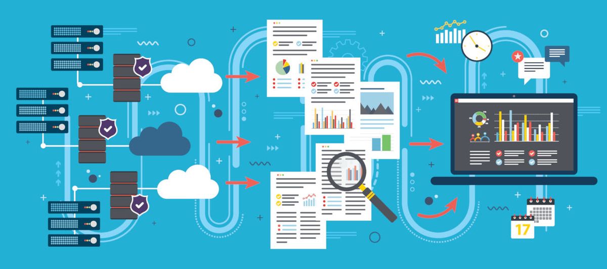 Cloud computing illustration: Servers, computers, data