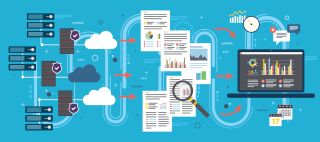 Cloud computing illustration: Servers, computers, data