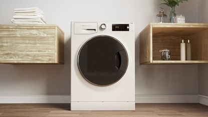 A brand new washing machine in room with storage