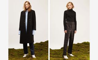 Two images, Left-Model wears long coat, shirt and trousers, Right- Model wears and long sleeved topTrousers