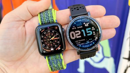 CLose-up of the Apple Watch SE 3 and Amazfit Active Max smartwatches after a 7,500-step walk test comparison