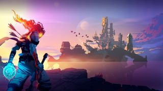 The protagonist of Dead Cells looks out at a castle, which floats up above the water