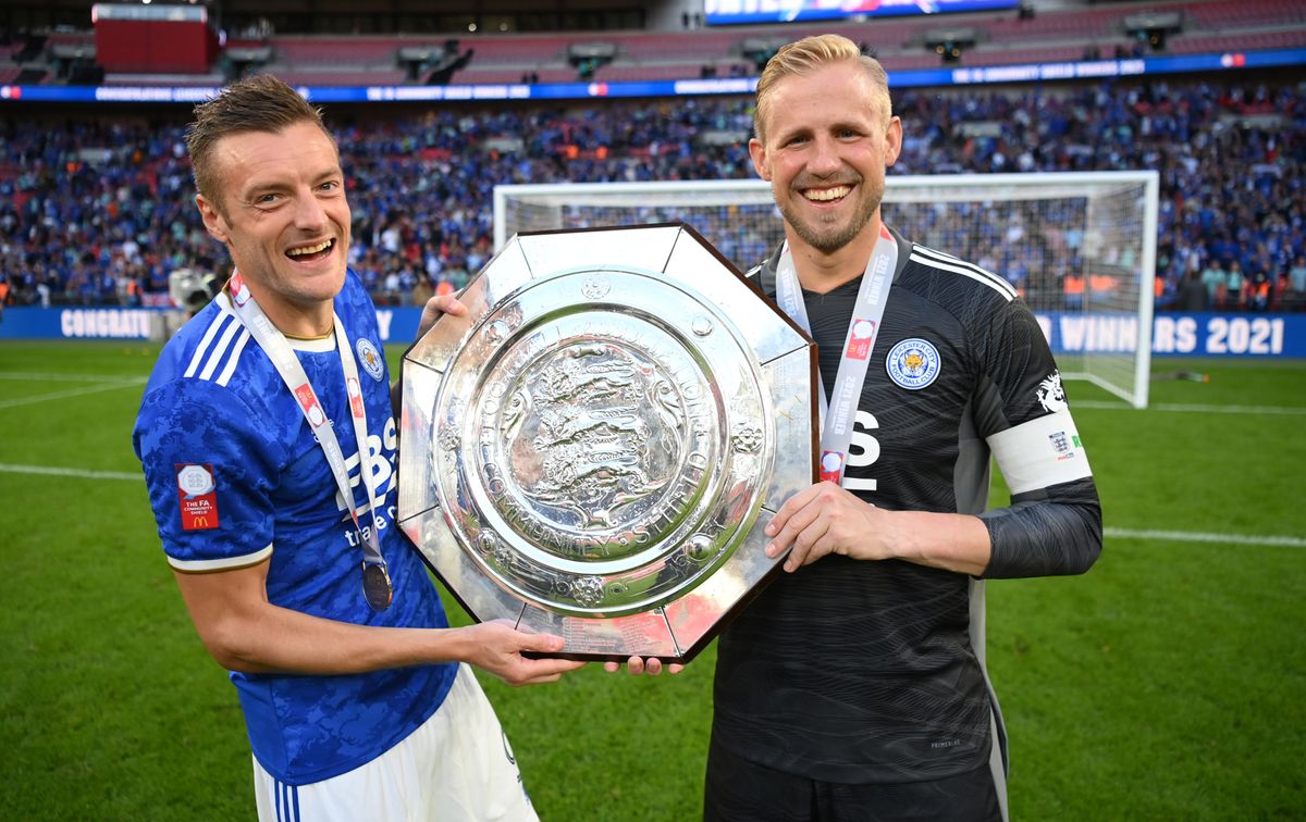 Jamie Vardy and Kasper Schmeichel, Leicester City