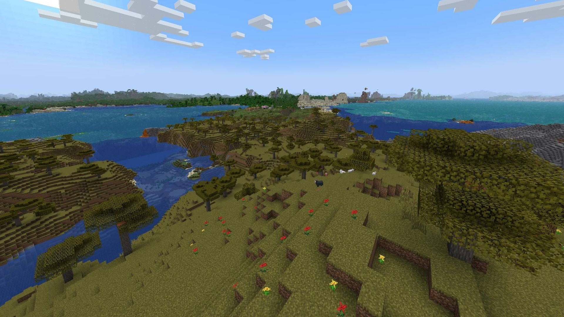 A promotional image showing the effects of Distant Horizons, one of the best Minecraft mods.