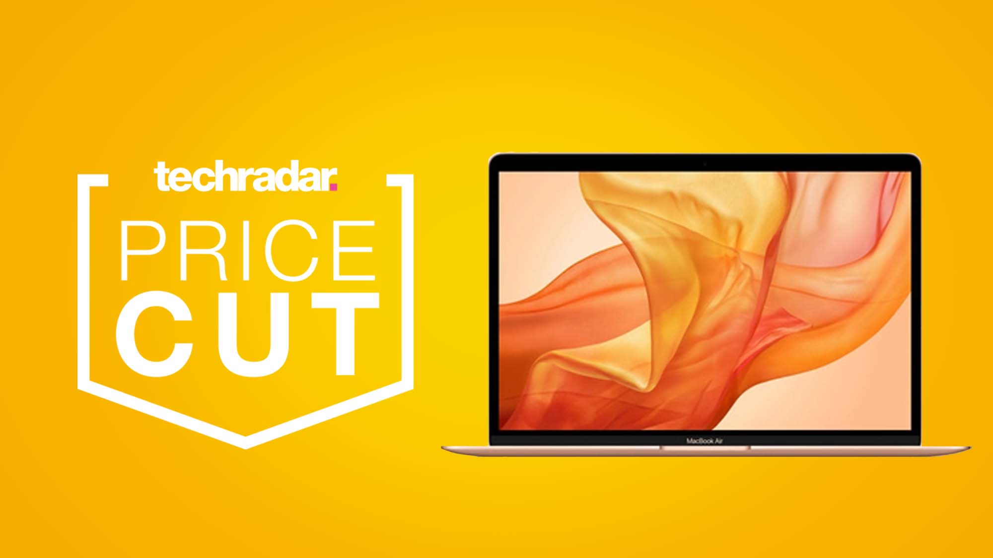 An Apple MacBook Air against a yellow background with a TechRadar Price Cut badge