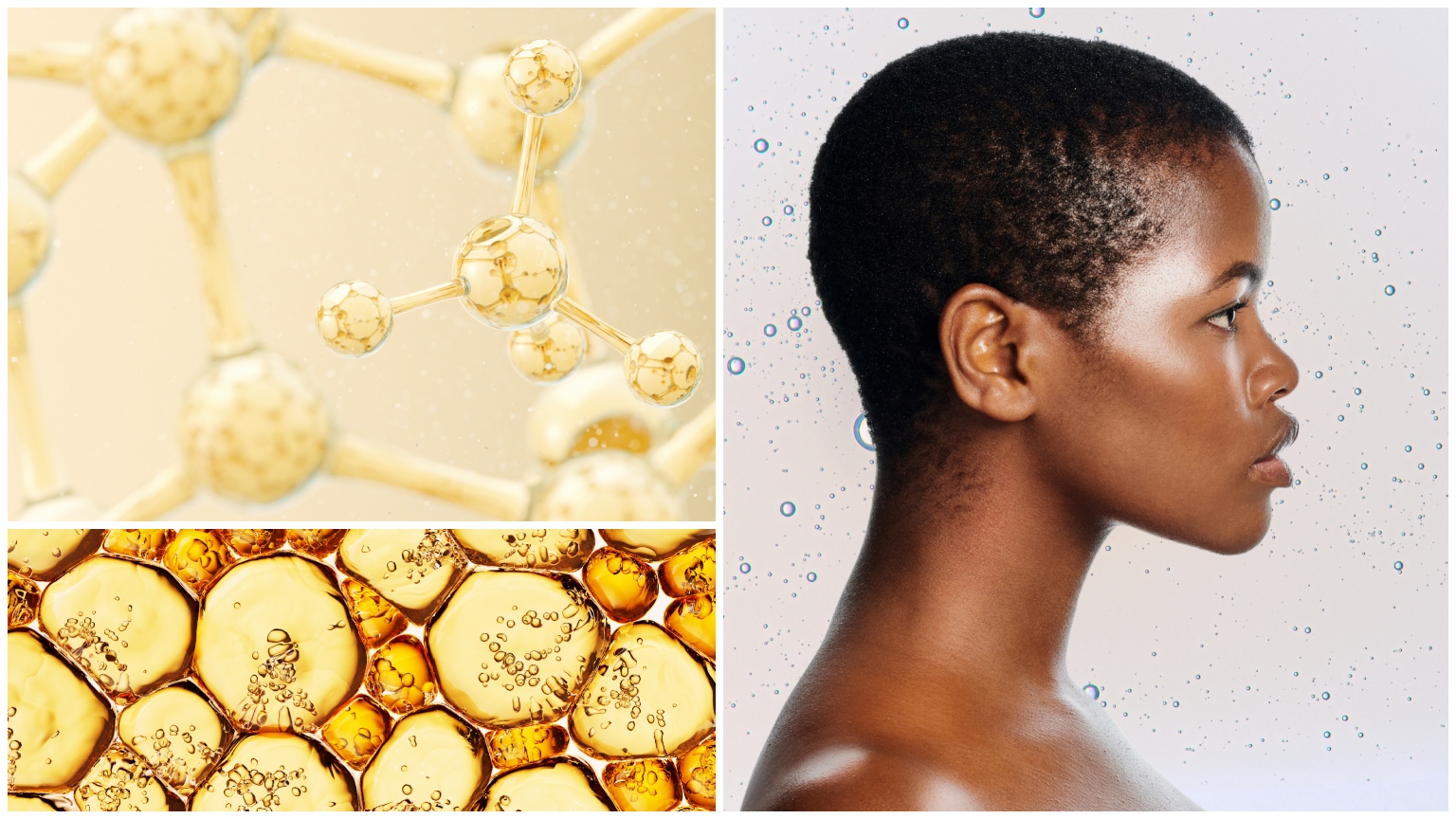 side profile of a woman with glowing skin, skincare molecules, serum molecules on a yellow background