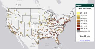 A map from the 500 Cities Project. The map shows the percentage of U.S. adults who get less than 7 hours of sleep a night in the 500 biggest U.S. cities.