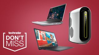 Dell Memorial Day Sales Cabeçalho com dois laptops e um PC para desktop em um fundo vermelho ao lado de TechRadar Don Miss Badge