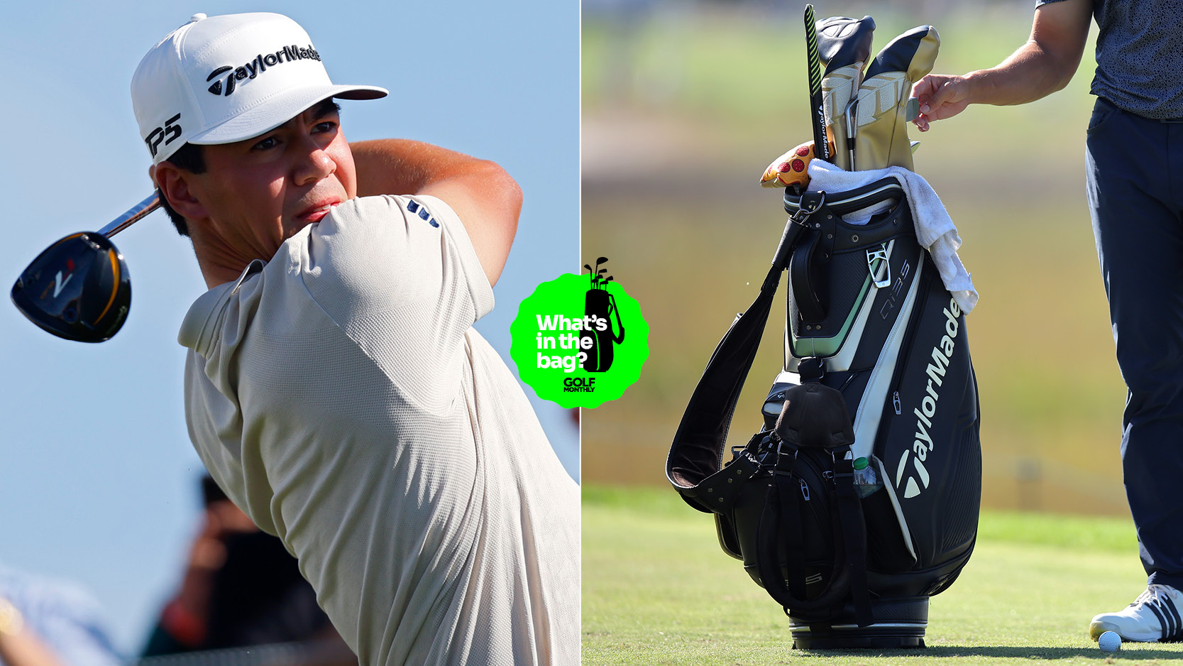 Michael Thorbjornsen hits a mini driver and a close up of his bag