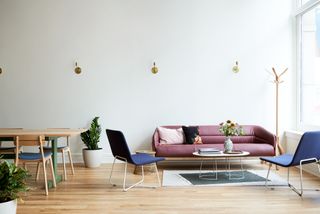 Sofas, chairs and coffee tables at Beauty Shoppe co-working space, Cleveland, Ohio, USA