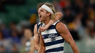 Bailey Smith of the Cats celebrates a goal during the AFL Second Preliminary Final match between the Geelong Cats and the Hawthorn Hawks at the Melbourne Cricket Ground on September 19, 2025 in Melbourne, Australia.