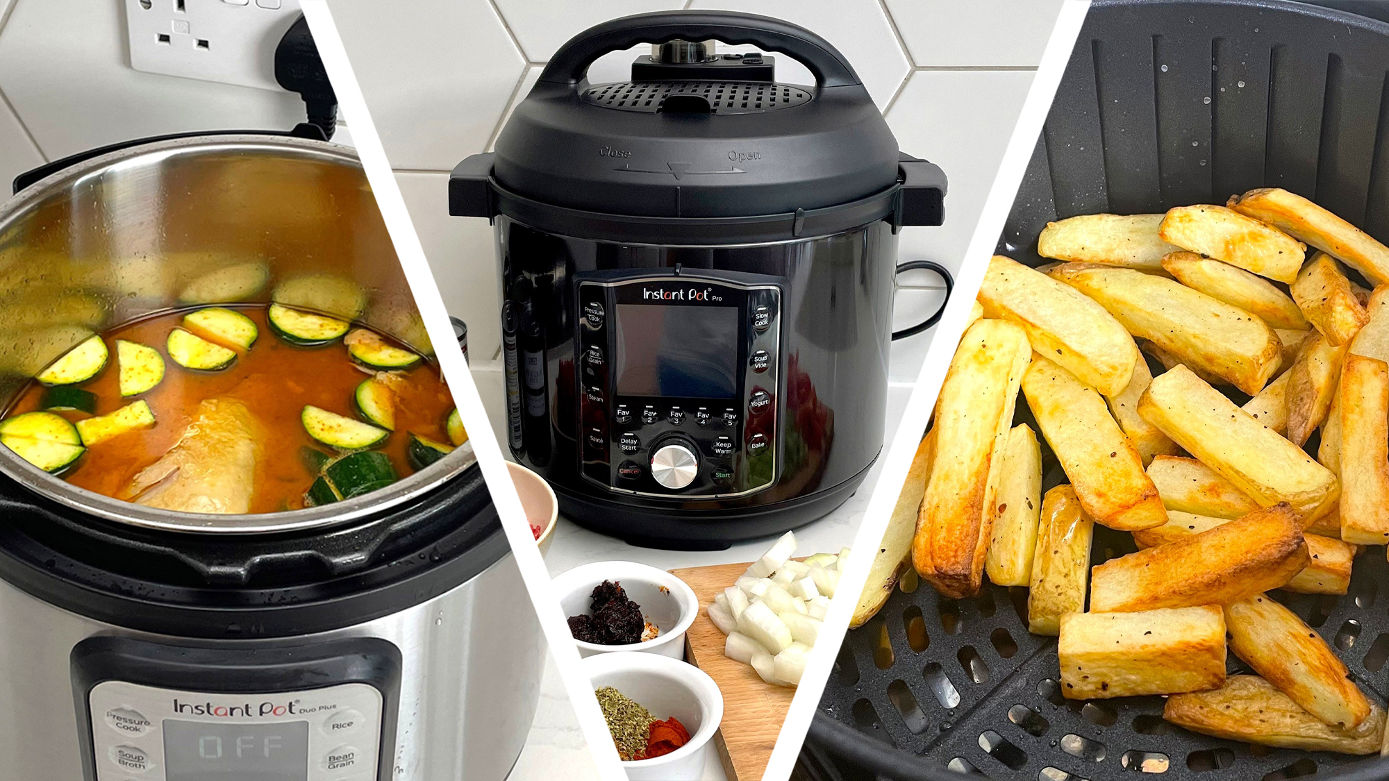 Stew cooking in Instant Pot, Instant Pot on kitchen counter with ingredients, and fries cooked in Instant Pot
