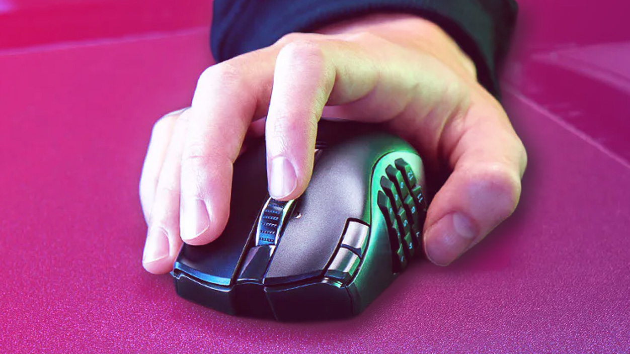 Razer Naga V2 Hyperspeed gaming mouse on a pink to purple gradient background