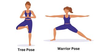 Illstrated woman in activewear doing the tree pose and the warrior pose, useful in walking yoga