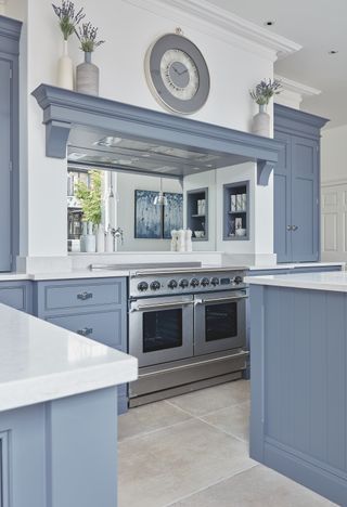blue kitchen with double islands, blue painted cabientry, white countertops