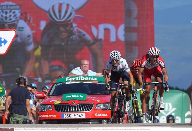 Alejandro Valverde (Movistar) and Joaquim Rodriguez (Katusha) sprint to the line for third ahead of Alberto Contador (Tinkoff-Saxo)