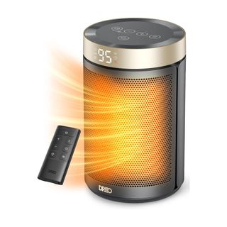 A black and gold cylinder space heater with an orange glow emitting from it and a small black remote next to it