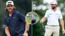 Tommy Fleetwood and Cameron Young reacts to putts, with Min Woo Lee hitting an iron shot