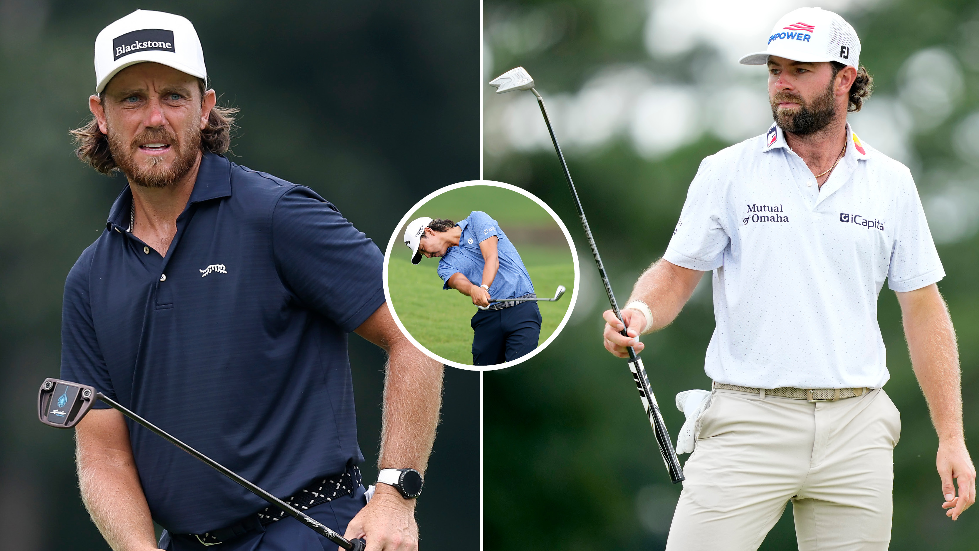 Tommy Fleetwood and Cameron Young reacts to putts, with Min Woo Lee hitting an iron shot