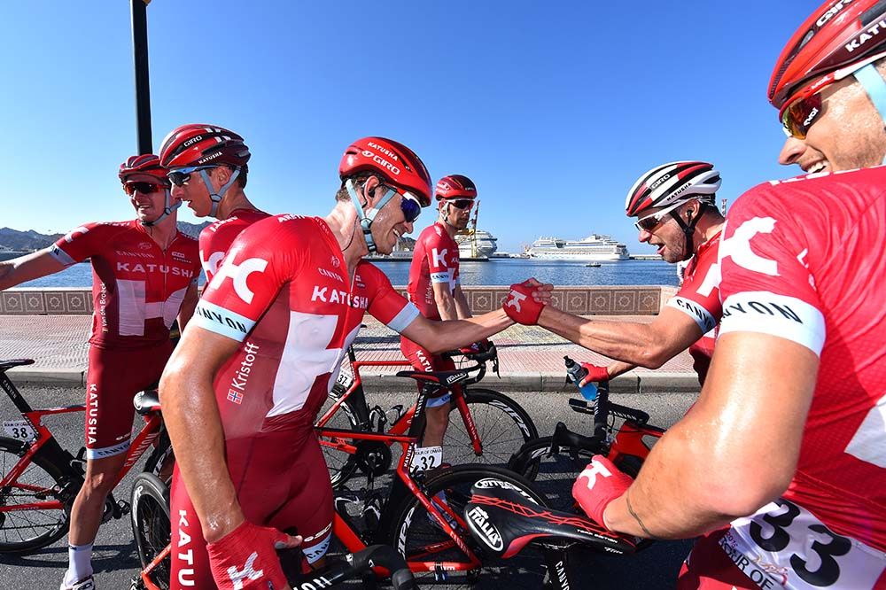 The Katusha team celebrate yet another victory