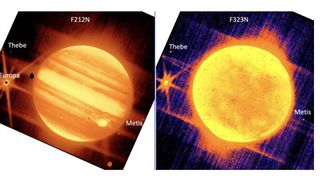 Left: Jupiter and its moons Europa, Thebe, and Metis are seen through the James Webb Space Telescope’s NIRCam instrument 2.12 micron filter. Right: Jupiter and Europa, Thebe, and Metis are seen through NIRCam’s 3.23 micron filter.