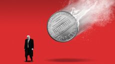 Illustration of Donald Trump about to be hit by a meteor-like one cent coin