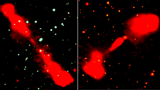 Two examples of the newly discovered giant radio quasars, each spanning millions of light years.