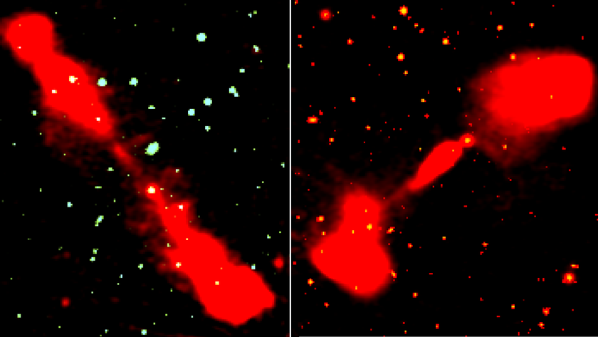 Two examples of the newly discovered giant radio quasars, each spanning millions of light years.