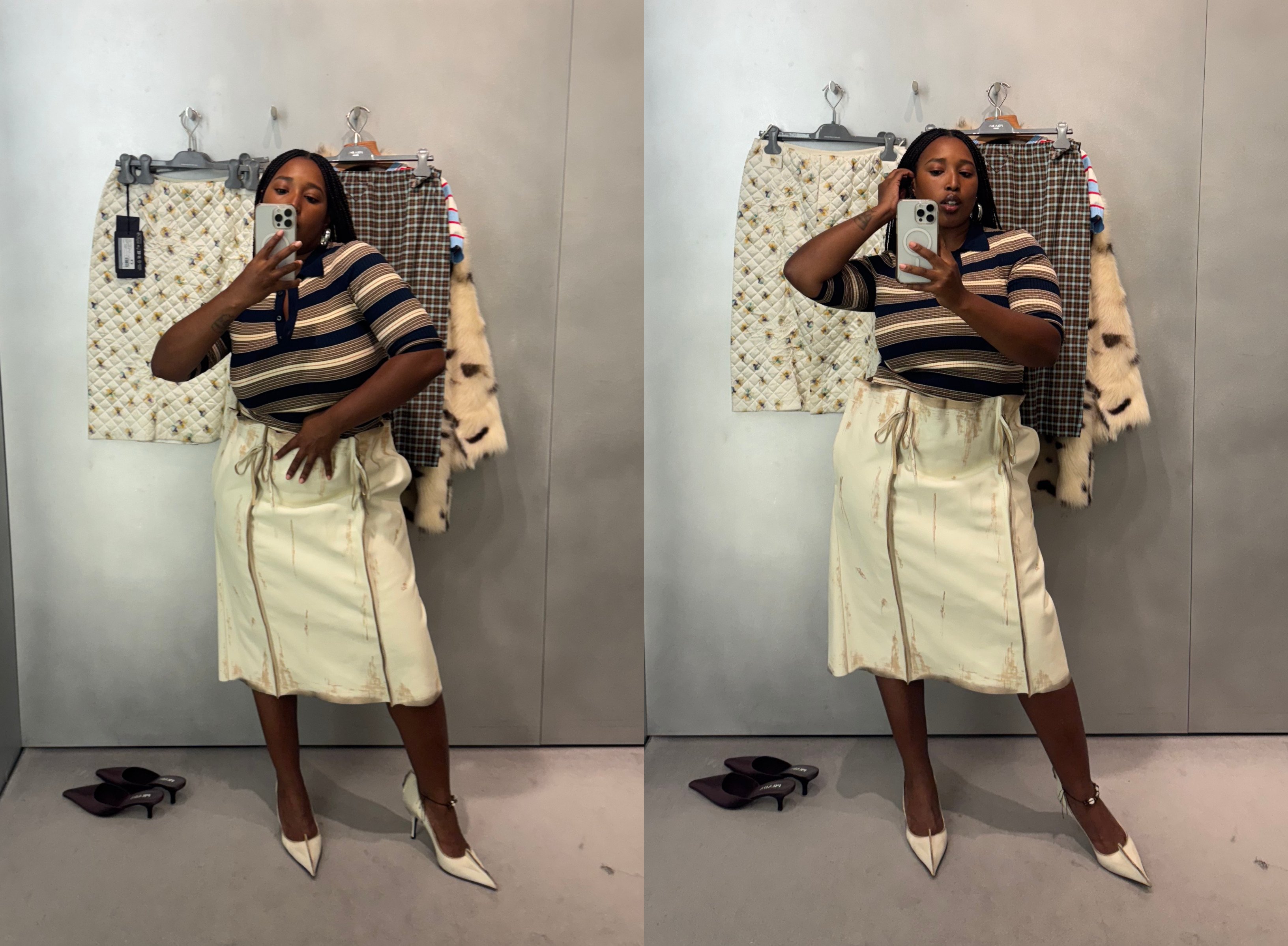Mecca James-Williams in a striped polo shirt and white skirt from Prada fall 2025