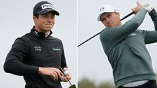 Viktor Hovland winces holding a putt whilst Jordan Spieth watches his tee shot