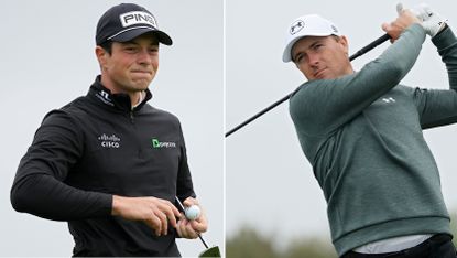 Viktor Hovland winces holding a putt whilst Jordan Spieth watches his tee shot