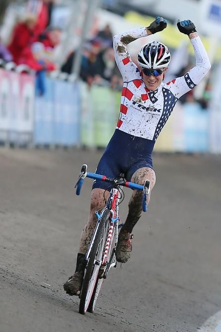 Katie Compton (Trek) celebrates the win in Baal