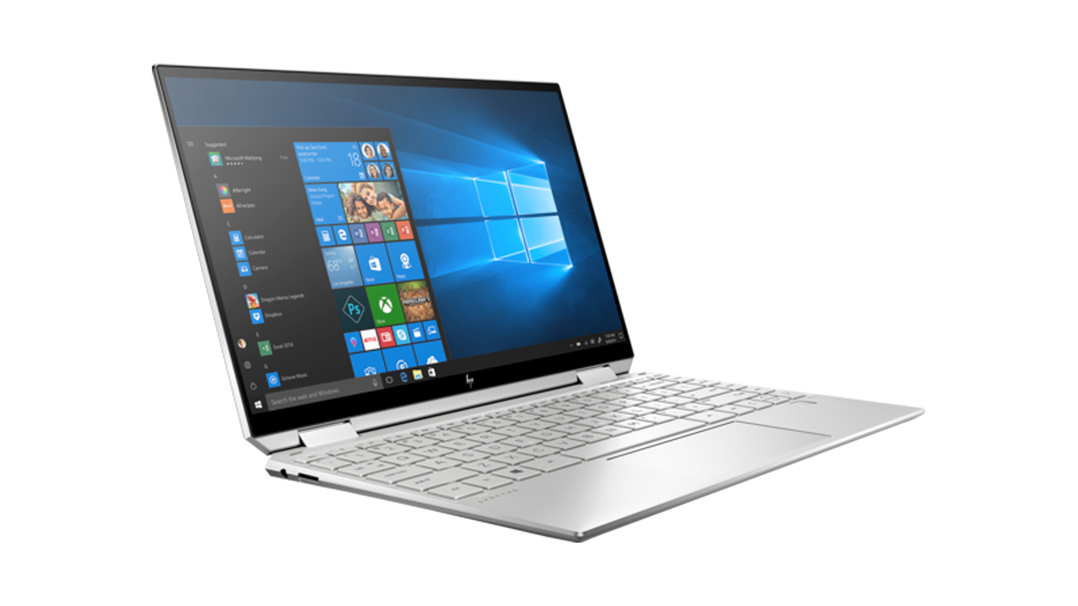 Best laptops for programming product shot of HP Spectre x360 (2021) 2-in-1 laptop with screen open showing the Windows 10 desktop