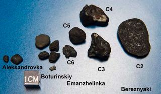 Fragments of Chelyabinsk (C2 - C6). C2 is an oriented meteorite; it travelled with its flat side forward. Its backside is shown.