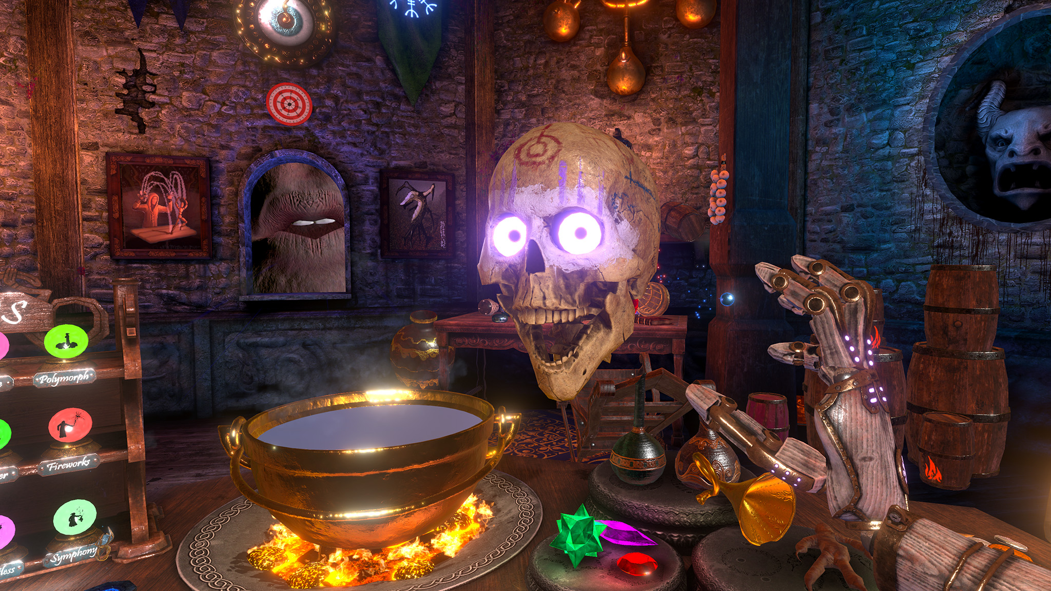 An official screenshot of Waltz of the Wizard for mobile showing Skully being held over a wizard&#039;s pot