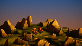 Two characters sit and enjoy the sunset in a grassy field filled with rock formations from a Final Fantasy Tactics screenshot.