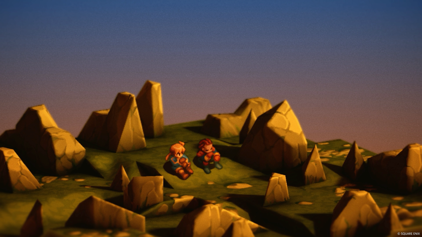 Two characters sit and enjoy the sunset in a grassy field filled with rock formations from a Final Fantasy Tactics screenshot.