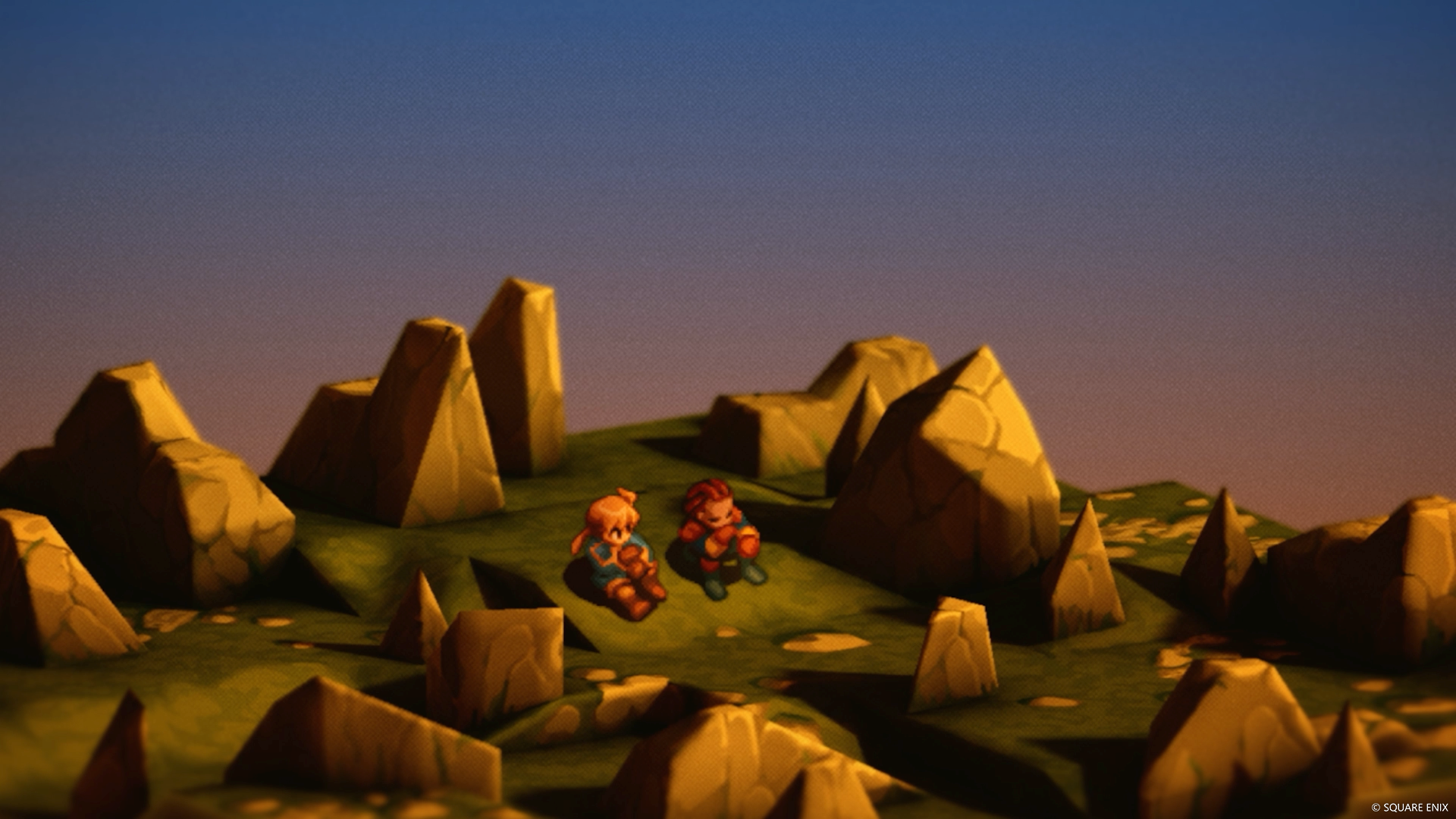 Two characters sit and enjoy the sunset in a grassy field filled with rock formations from a Final Fantasy Tactics screenshot.
