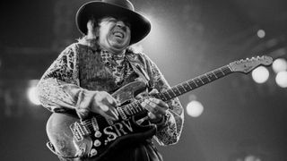 Stevie Ray Vaughan performing at the Oakland Coliseum Arena on December 3, 1989