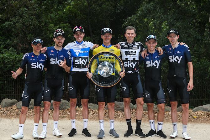 A delighted Dylan van Baarle with his Sky teammates after having won the 2019 Jayco Herald Sun Tour