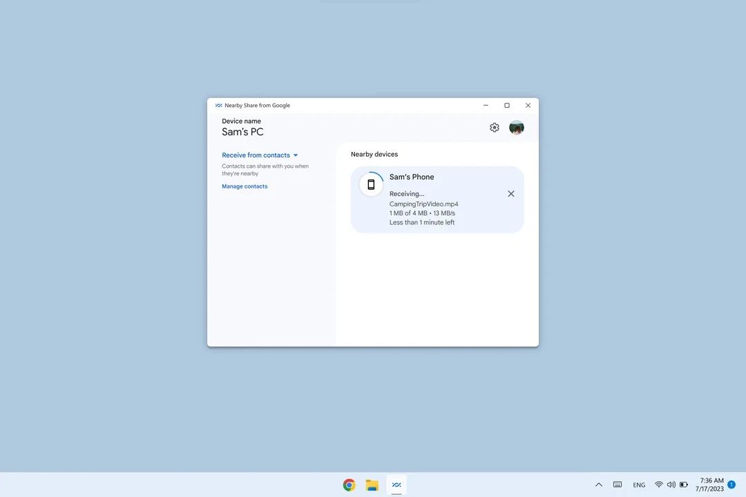 Estimated time remaining on File Transfers using Nearby Share on Windows